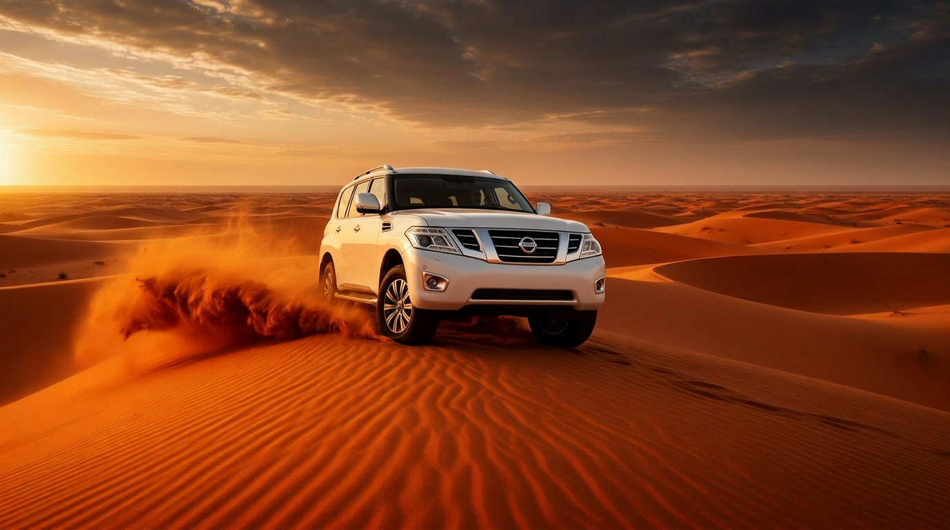 4x4 cresting Liwa desert dunes at sunset