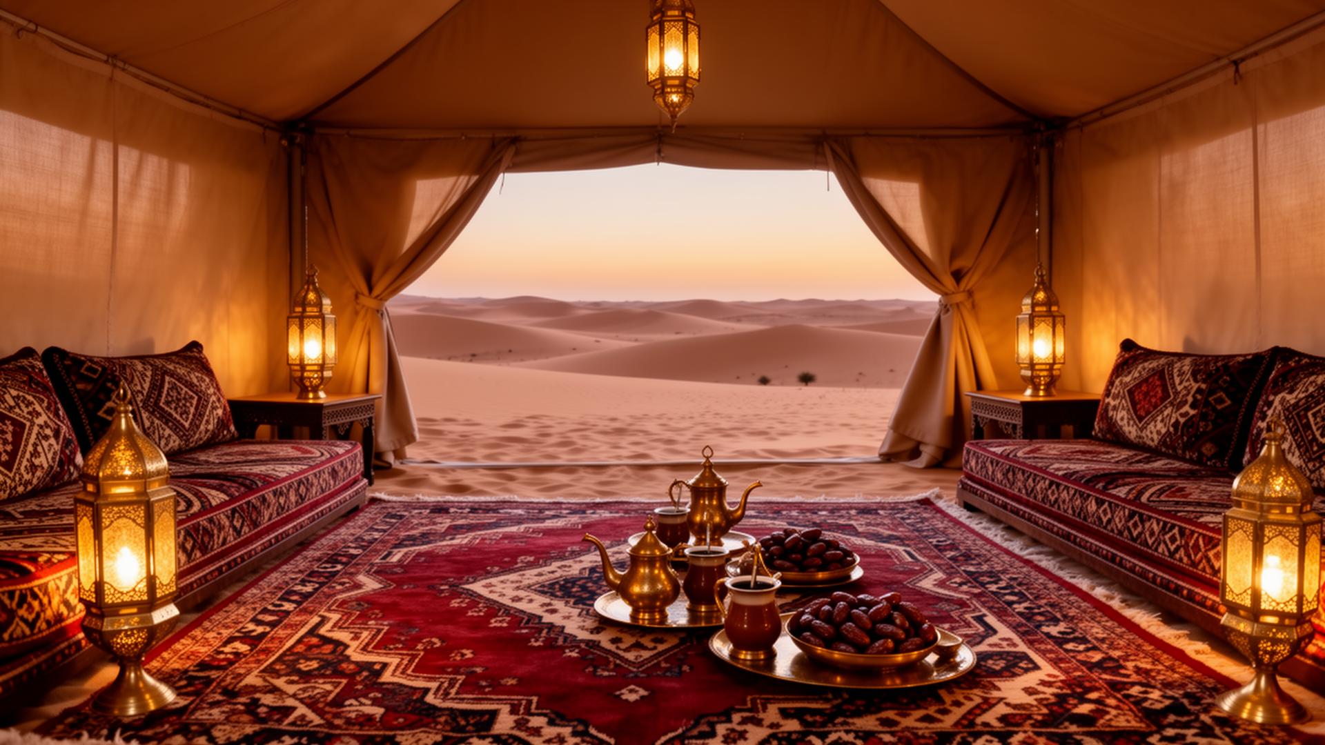Luxury VIP majlis hospitality tent at twilight